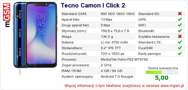 Dane telefonu Tecno Camon I Click 2 Dane telefonu Tecno Camon I Click 2
