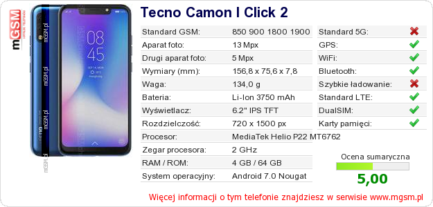 Dane telefonu Tecno Camon I Click 2
