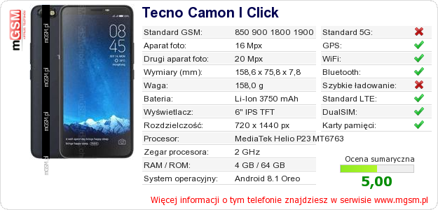 Dane telefonu Tecno Camon I Click