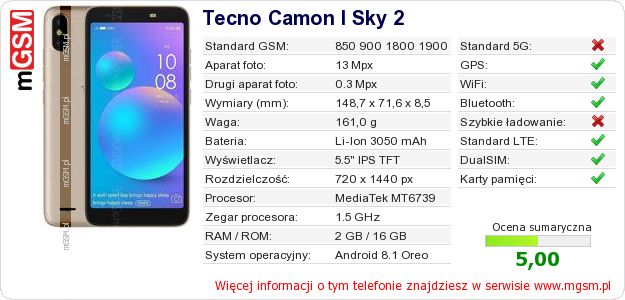 Dane telefonu Tecno Camon I Sky 2 Dane telefonu Tecno Camon I Sky 2