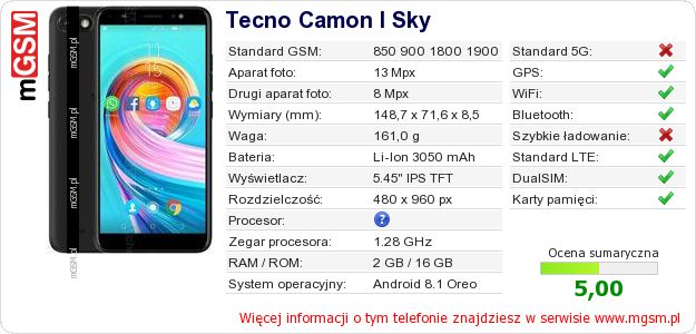 Dane telefonu Tecno Camon I Sky