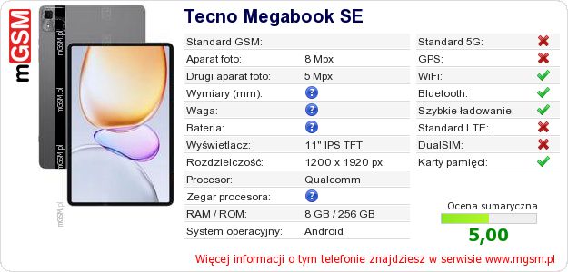Dane telefonu Tecno Megabook SE Dane telefonu Tecno Megabook SE