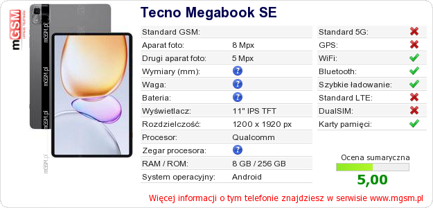 Dane telefonu Tecno Megabook SE Dane telefonu Tecno Megabook SE