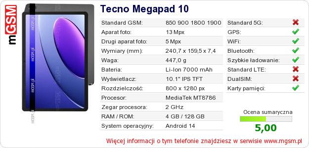 Dane telefonu Tecno Megapad 10