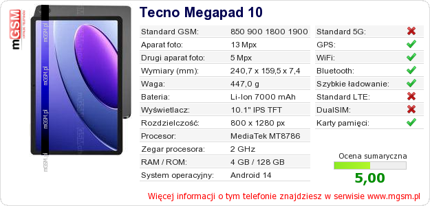 Dane telefonu Tecno Megapad 10