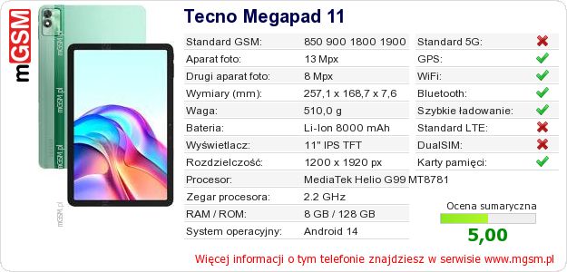 Dane telefonu Tecno Megapad 11