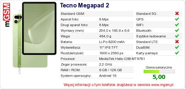Dane telefonu Tecno Megapad 2 Dane telefonu Tecno Megapad 2