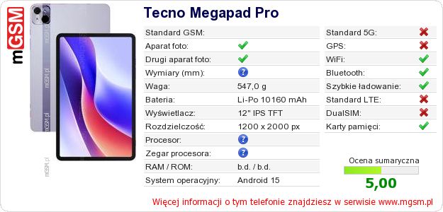 Dane telefonu Tecno Megapad Pro