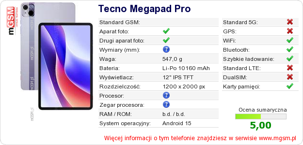 Dane telefonu Tecno Megapad Pro