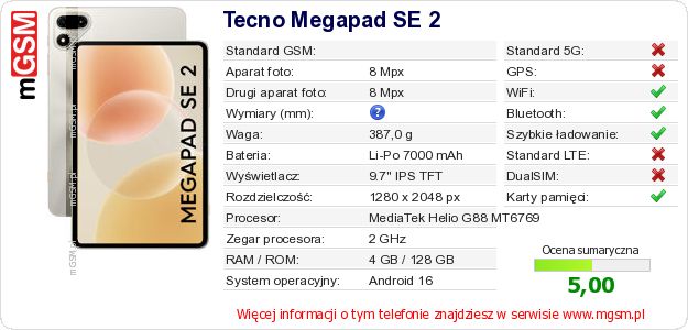 Dane telefonu Tecno Megapad SE 2 Dane telefonu Tecno Megapad SE 2