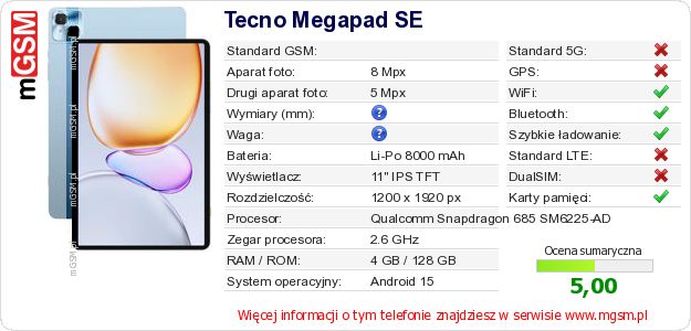 Dane telefonu Tecno Megapad SE