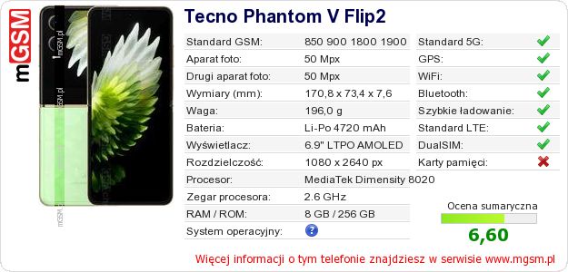 Dane telefonu Tecno Phantom V Flip2 Dane telefonu Tecno Phantom V Flip2