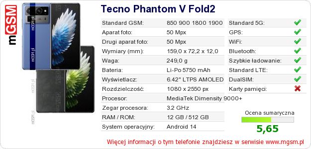 Dane telefonu Tecno Phantom V Fold2