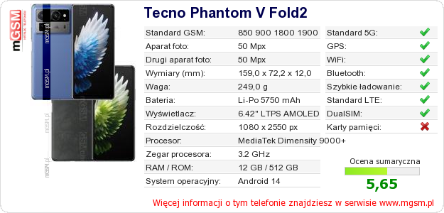 Dane telefonu Tecno Phantom V Fold2