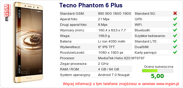 Dane telefonu Tecno Phantom 6 Plus