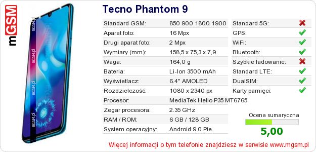 Dane telefonu Tecno Phantom 9