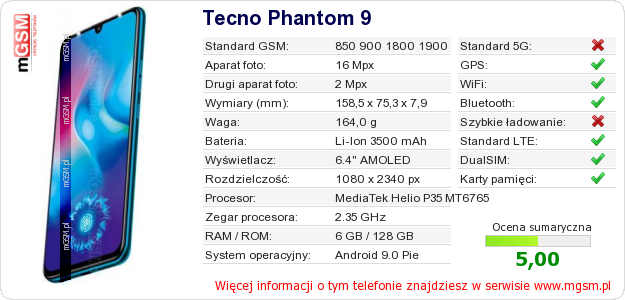 Dane telefonu Tecno Phantom 9