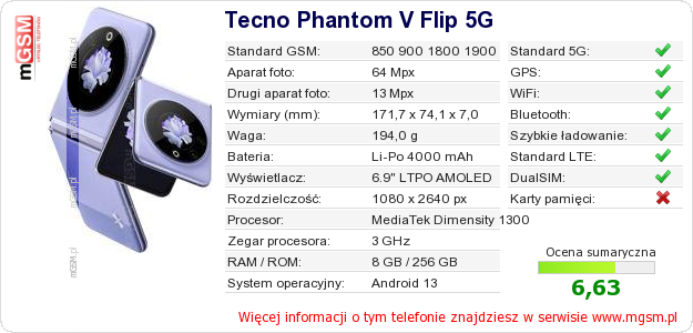 Dane telefonu Tecno Phantom V Flip 5G