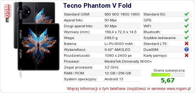 Dane telefonu Tecno Phantom V Fold Dane telefonu Tecno Phantom V Fold