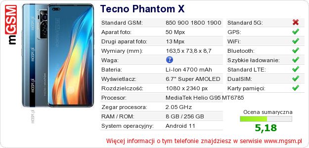 Dane telefonu Tecno Phantom X Dane telefonu Tecno Phantom X