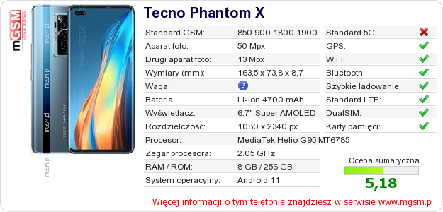 Dane telefonu Tecno Phantom X