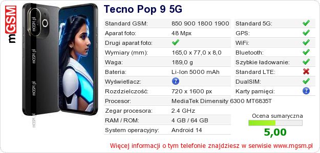 Dane telefonu Tecno Pop 9 5G Dane telefonu Tecno Pop 9 5G