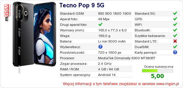 Dane telefonu Tecno Pop 9 5G Dane telefonu Tecno Pop 9 5G