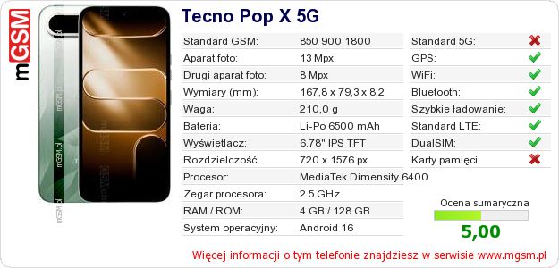 Dane telefonu Tecno Pop X 5G Dane telefonu Tecno Pop X 5G