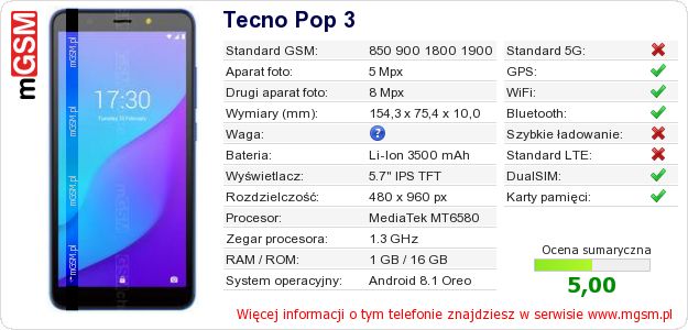 Dane telefonu Tecno Pop 3