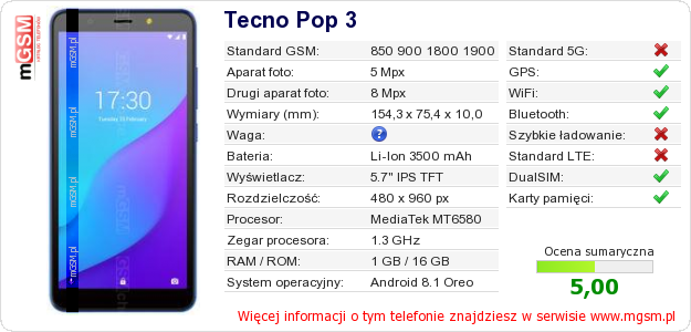 Dane telefonu Tecno Pop 3 Dane telefonu Tecno Pop 3