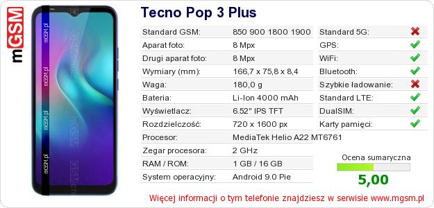 Dane telefonu Tecno Pop 3 Plus Dane telefonu Tecno Pop 3 Plus