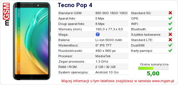 Dane telefonu Tecno Pop 4