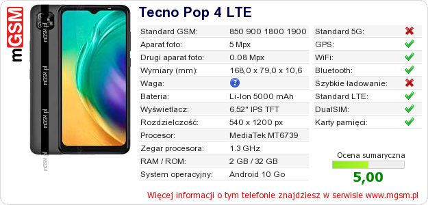 Dane telefonu Tecno Pop 4 LTE Dane telefonu Tecno Pop 4 LTE