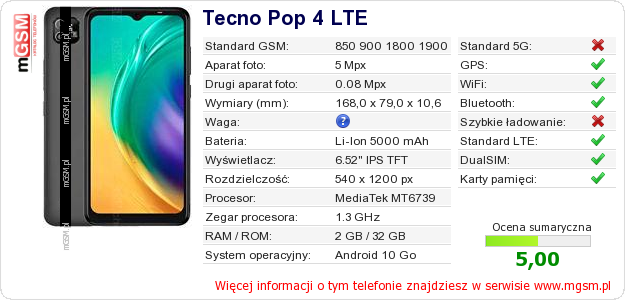 Dane telefonu Tecno Pop 4 LTE