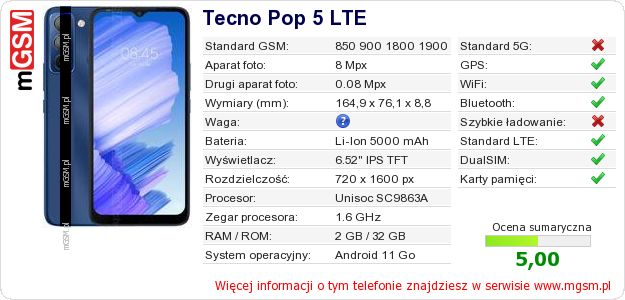 Dane telefonu Tecno Pop 5 LTE Dane telefonu Tecno Pop 5 LTE