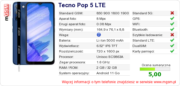 Dane telefonu Tecno Pop 5 LTE