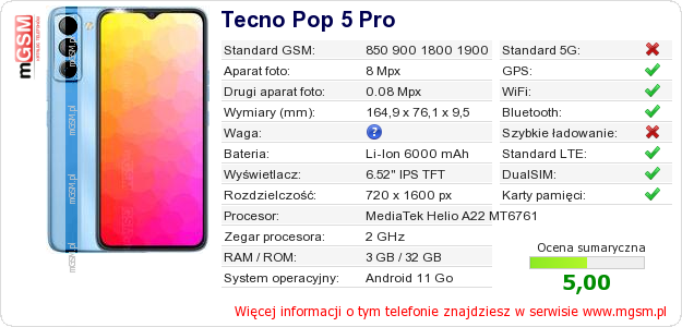 Dane telefonu Tecno Pop 5 Pro Dane telefonu Tecno Pop 5 Pro