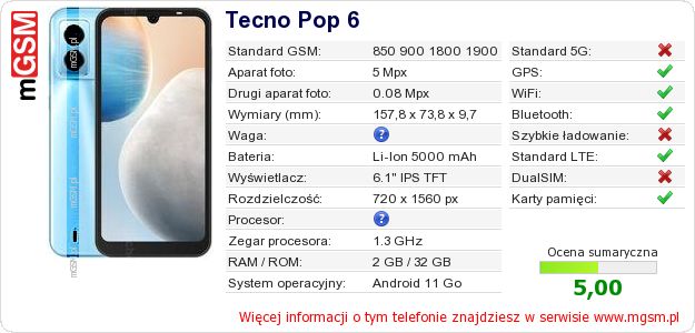 Dane telefonu Tecno Pop 6 Dane telefonu Tecno Pop 6