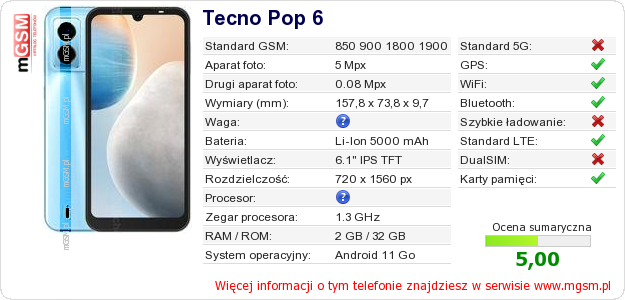 Dane telefonu Tecno Pop 6