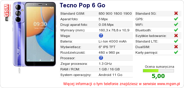 Dane telefonu Tecno Pop 6 Go Dane telefonu Tecno Pop 6 Go