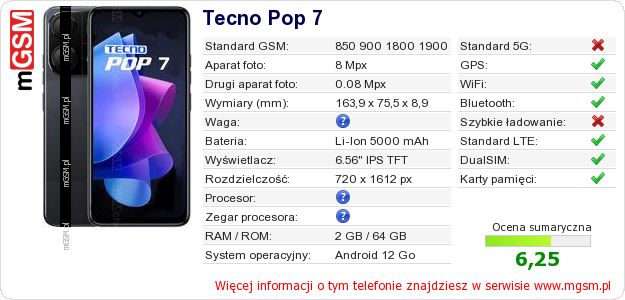Dane telefonu Tecno Pop 7