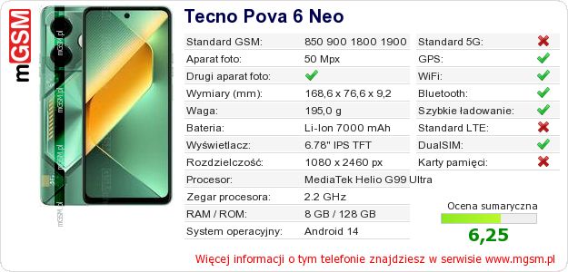 Dane telefonu Tecno Pova 6 Neo