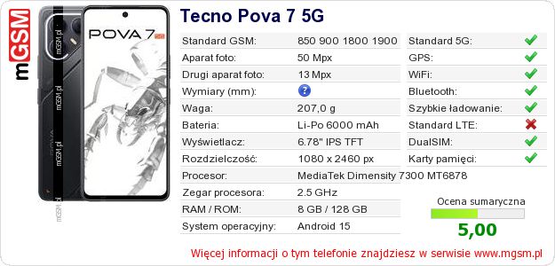 Dane telefonu Tecno Pova 7 5G