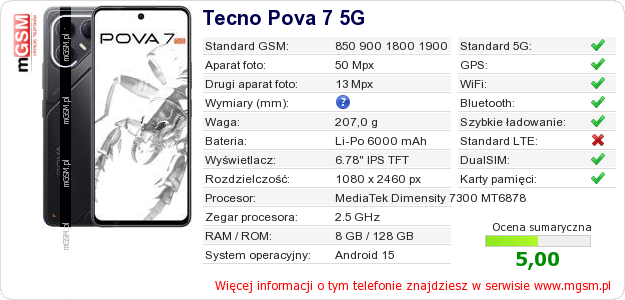 Dane telefonu Tecno Pova 7 5G