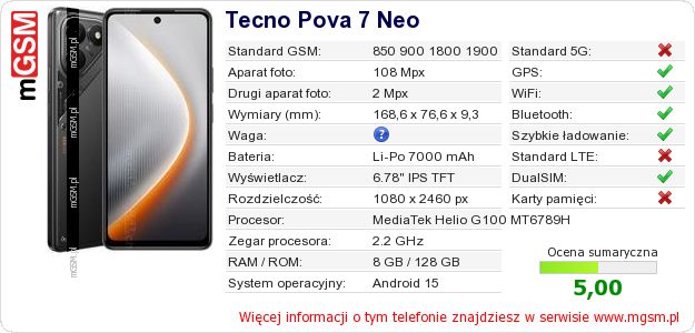 Dane telefonu Tecno Pova 7 Neo