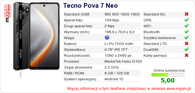 Dane telefonu Tecno Pova 7 Neo
