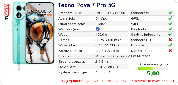 Dane telefonu Tecno Pova 7 Pro 5G