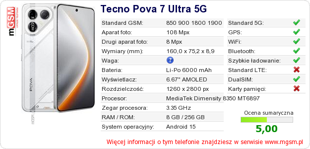 Dane telefonu Tecno Pova 7 Ultra 5G
