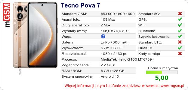 Dane telefonu Tecno Pova 7