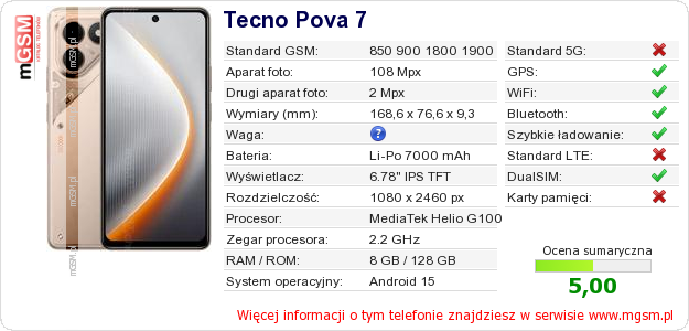 Dane telefonu Tecno Pova 7 Dane telefonu Tecno Pova 7